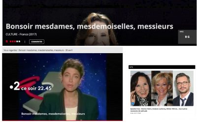 Le documentaire intitulé "Bonsoir mesdames, mesdemoiselles, messieurs..." produit par Mon Voisin Productions et Ina.fr fut tourné au Studio Paris Images.
Le réalisateur Benoit Gautier a fait revivre la formidable épopée des annonceuses de programmes, les speakerines, à travers de formidables interviews et images d'archives.